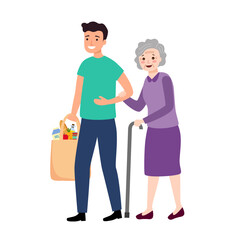 Male caretaker and elderly woman doing shopping. Volunteer with senior person helping to buy groceries. Social worker helping grandma. Nursing retirement home services.