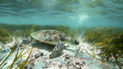 Fototapeta premium A green turtle moving across seagrass and white sandy bottom 
