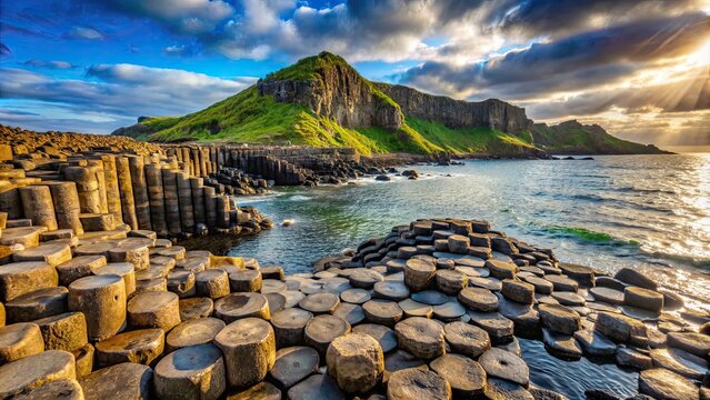 Rugged beauty of Giant's Causeway in Northern Ireland with basalt columns and coastal views, rugged
