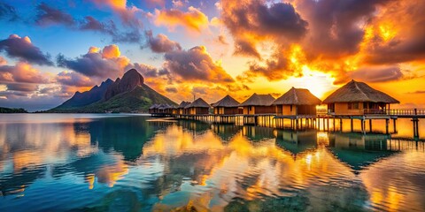 Obraz premium Vibrant sunset casting reflections on Bora Bora's overwater bungalows in tranquil waters, Bora Bora, overwater bungalows