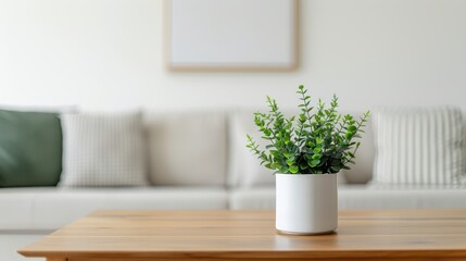 A modern living room featuring a cozy couch and a stylish potted plant on a wooden table, perfect for contemporary home decor.