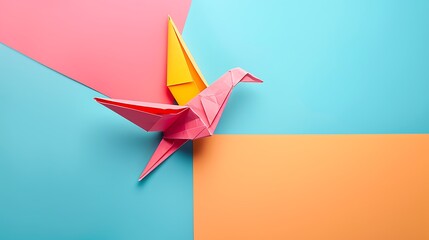 a colorful and minimalistic origami bird on colorful background