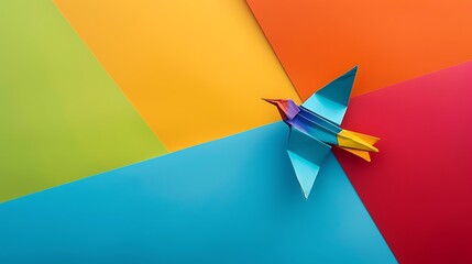 a colorful and minimalistic origami bird on colorful background