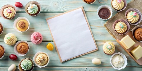A simple and clean background with a recipe card and tiny s of cupcakes