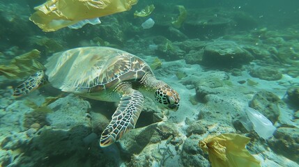 A sea turtle is surrounded by plastic bags under the sea.