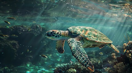 Fototapeta premium A sea turtle swimming underwater in tropical ocean 
