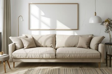 Chic beige Scandinavian sofa with elegant accents and a white frame for mockup.