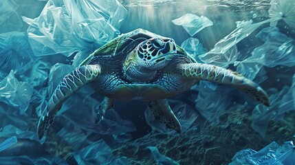 Fototapeta premium An emotive depiction of a sea turtle struggling to navigate through a sea of plastic bags, highlighting the urgent need for conservation efforts to protect endangered species
