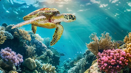 Fototapeta premium Green sea turtle swimming on coral reef in tropical sea. Green sea tortoise swimming underwater 