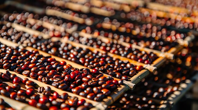 Coffee beans being sundried on bamboo mats, traditional and detailed, Coffee sun drying, heritage processing