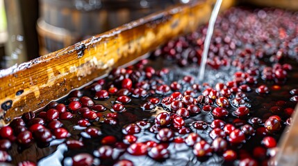 Coffee berries being washed in traditional wooden trough, rustic and detailed, Coffee washing, postharvest care