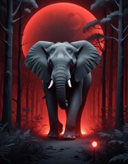 Elephant stands against Red Moon Vector Illustration