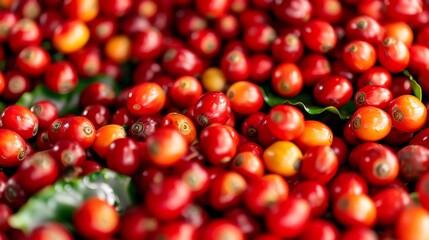 Detailed closeup of ripe coffee berries, vibrant and rich, Ripe coffee berries, natural abundance