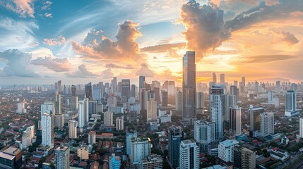 Fototapeta premium Expansive Panoramic View of Bustling City Under Cloudy Skies
