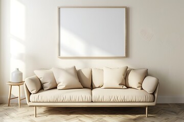 Elegant cream Scandinavian sofa in a minimalist area featuring a white frame.