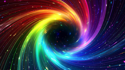 Fototapeta premium レインボーカラーの曲線、渦巻き、スパイラル、光、宇宙（生成AI、generated by AI）背景はダーク