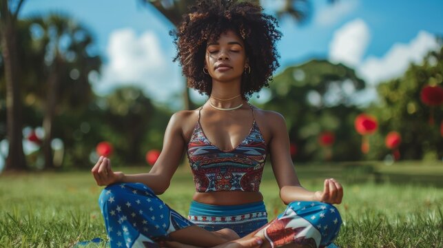 Independence Day Reflection Black woman in yoga pose, adorned with patriotic colors, symbolizing freedom and national pride