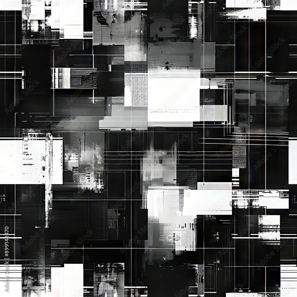 Poster abstract black and white geometric pattern with grid and distressed textures