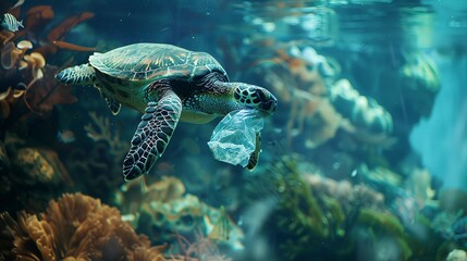 Obraz premium Underwater animal a turtle eating plastic bag, Water Environmental Pollution Problem