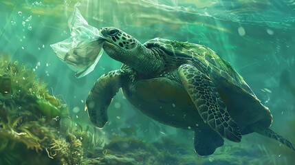Underwater animal a turtle eating plastic bag, Water Environmental Pollution Problem --ar 16:9 Job ID: 09d1ed3a-a086-4f68-895d-7544600207fc