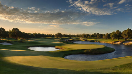 Golf course with sand pits and ponds