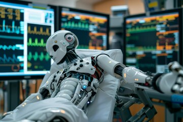 Robotic figure in a high tech lab representing AI technology and futuristic innovation