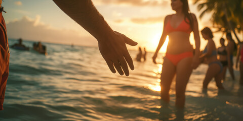 Fototapeta premium Tropical Beach Sunset with People Enjoying the Water and Sunlight