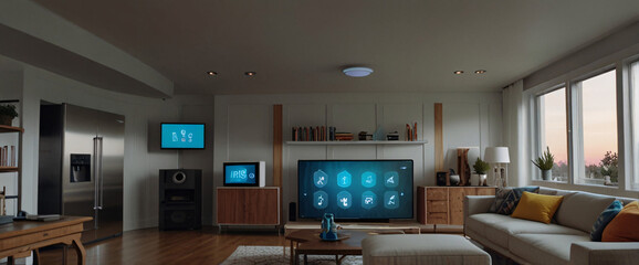 illustrate the concept of the Internet of Things with an image of a smart home, featuring various connected devices and appliances, shot from a low angle with a wide-angle lens