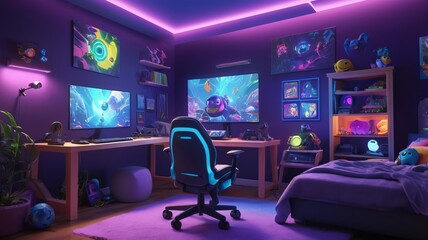 3D cartoon of a childhood room that loves to play games