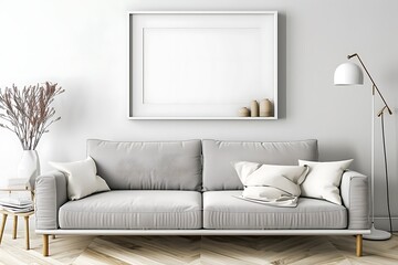 Elegant room showcasing a Scandinavian sofa in soft pink and a white empty frame on the wall.