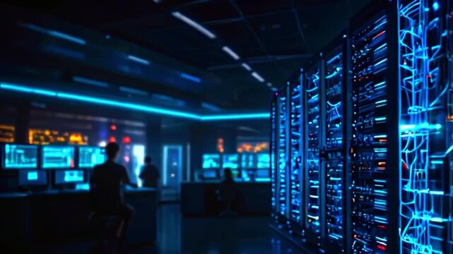 The video shows a server room with rows of large servers lit up in blue. There are two people in the room, one in the foreground, facing away from the viewer.