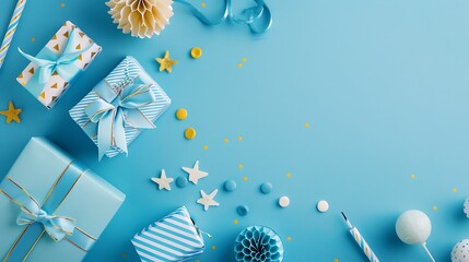 Fototapeta premium Birthday party supplies on blue background