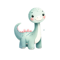 Obraz premium Cute cartoon dinosaur illustration with a green and blue color palette, perfect for children's books or nursery decor isolated on white or transparent png background.