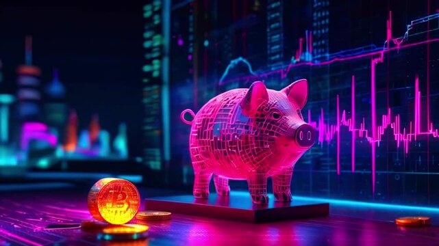 A pink piggy bank with a glowing blue and purple circuit board pattern is standing on a table in front of a large glowing screen showing a financial chart. There are gold coins in the foreground.