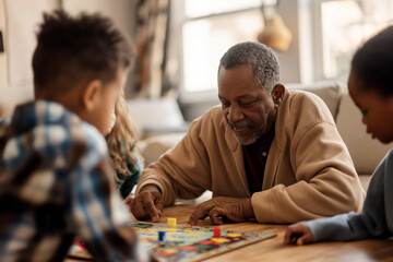 Fototapeta premium Grandfather playing board game with grandchildren in cozy living room, family bonding time, active seniors concept