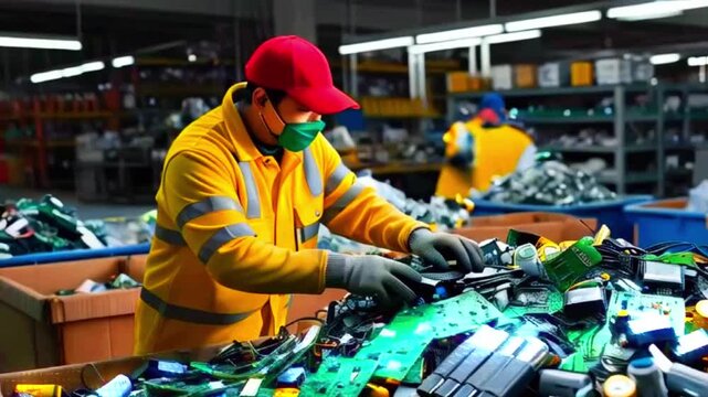 The video shows a man wearing a yellow jacket and a red cap, sorting through a large pile of electronic waste. He is wearing gloves and a face mask. Another person can be seen in the background