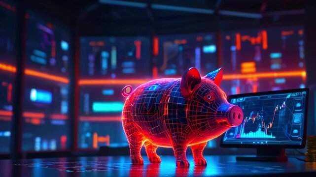 A glowing red piggy bank is on a desk in front of a computer showing a stock chart. The room is filled with glowing screens with numbers and charts.