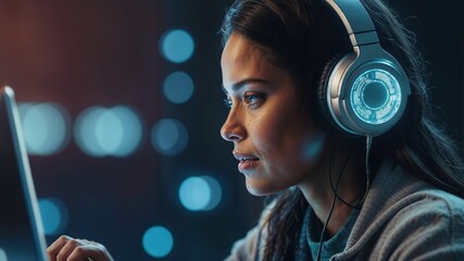 Close-up of a young latina , happy and wearing headphones while working on her laptop. concept of machine learning and AI assistants. with copy space on the left.