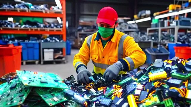 A person wearing a yellow vest, red hat, and face mask is sorting through a pile of electronic waste, including circuit boards and batteries.