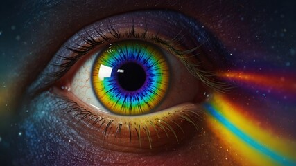  A human eye in close-up, with an iris showing an animation of scattered rainbow colors. Colored lines expand from a bright binary circle in the center, LGBTQ+ concept.