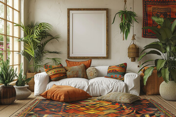 Eclectic bohemian living room global influences with empty frame