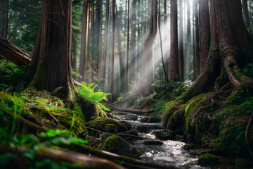 Fototapeta premium Sunlight Beams Through Trees in a Serene Forest.