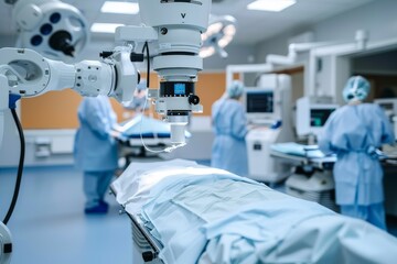 Futuristic operating room with medical robots symbolizing technology innovation and healthcare