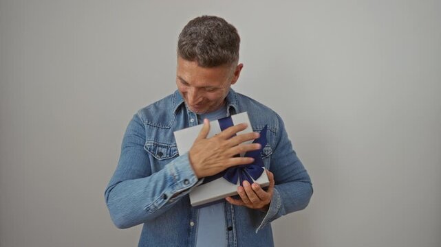 Middle aged man holding and examining a blue gift box against an isolated white background wearing a denim jacket looking happy and curious about the gift