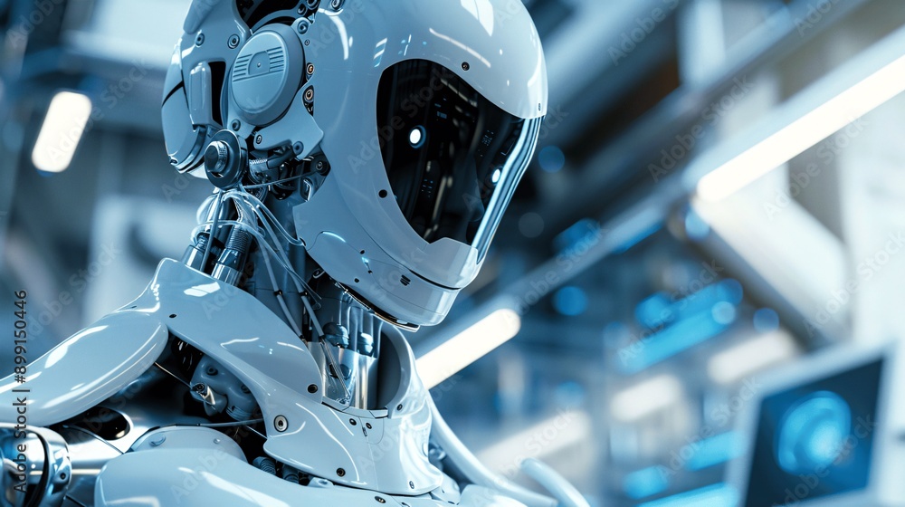 Poster hyper-realistic render of an advanced ai robot showcasing detailed and futuristic design elements.