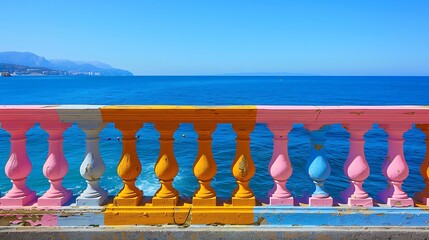 color painted balustrade rainbow pride with blue sea in background
