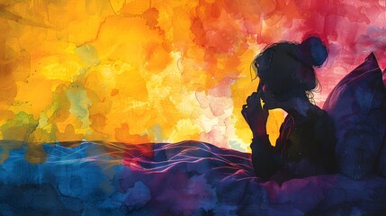 Vibrant Silhouette of a Person Resting in Bed While Sneezing with a Runny Nose