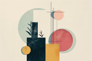 Abstract composition featuring geometric shapes and plant elements, perfect for modern decor and artistic inspiration.