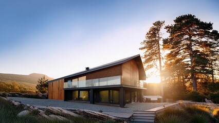 Portrait of a house illuminated by morning sunlight