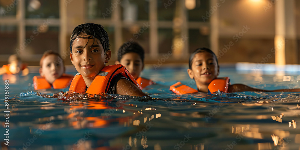 Wall mural a group of hispanic children enjoys swimming in a pool, showcasing joy and fun in the water.